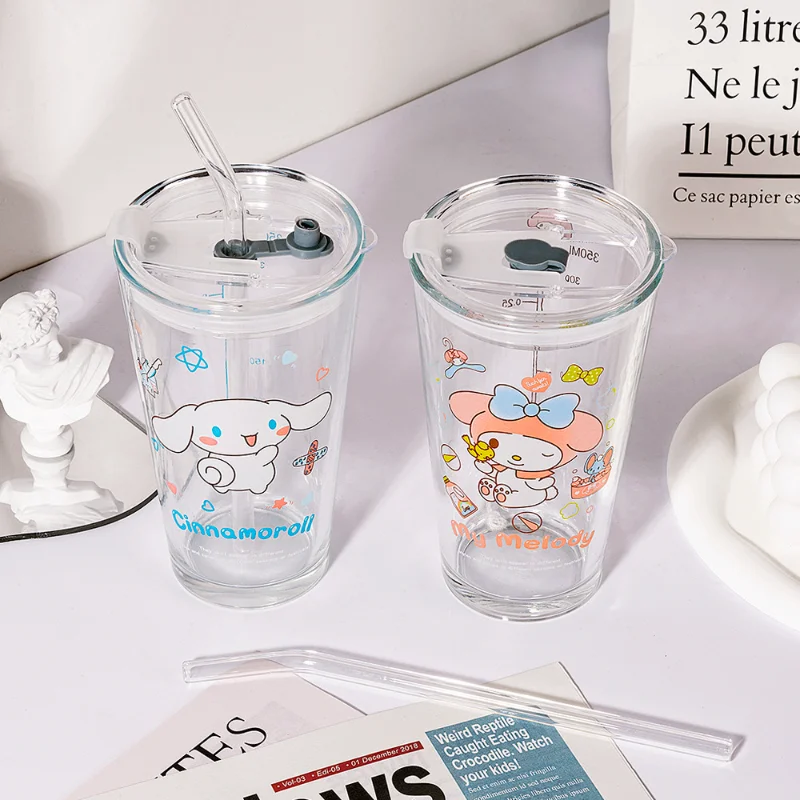 Kawaii Cartoon Melody Kuromi Cinnamoroll Kitty Glass Cup with Lid and Straw  Milk Juice Cup Children's Water Cup