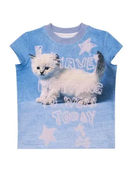 Summer Personality Trend Joker O-Neck Tops American Casual Retro Cute Kitten Print Cute Girl Casual Lazy Style Short Sleeve Tee 1