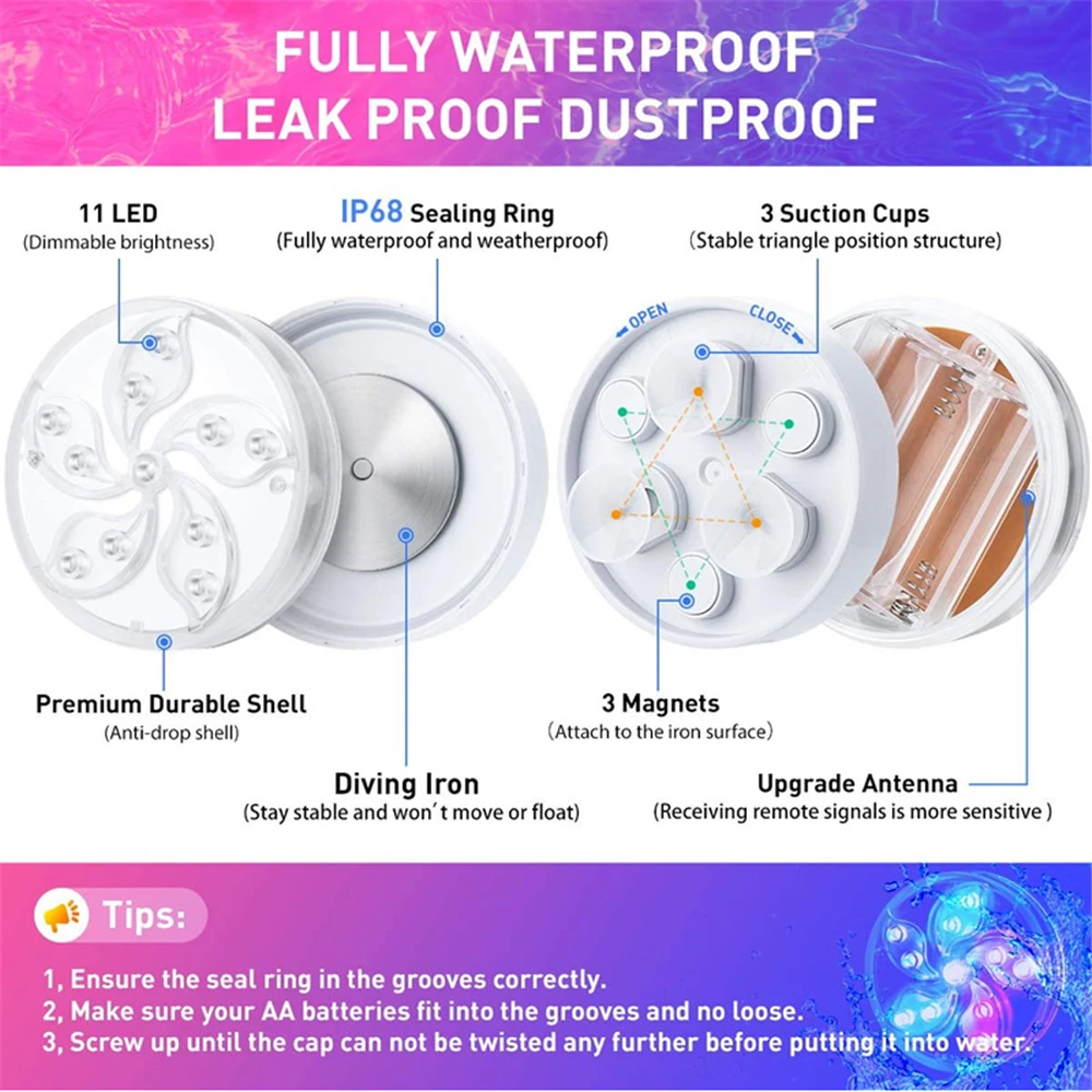 underwater pond lights Submersible Swimming Pool Lights IP68 LED Pond Light with Magnet RGB Shower Bathtub Lights for Aquarium Pond Party Garden Decor under water light