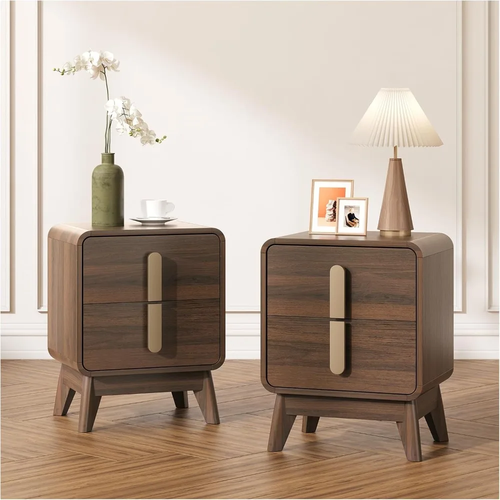 Nightstand Set of 2, Mid Century Modern Bedside Table with 2 Drawers & Metal Handle, Curved Profile End Table with Storage & Sol