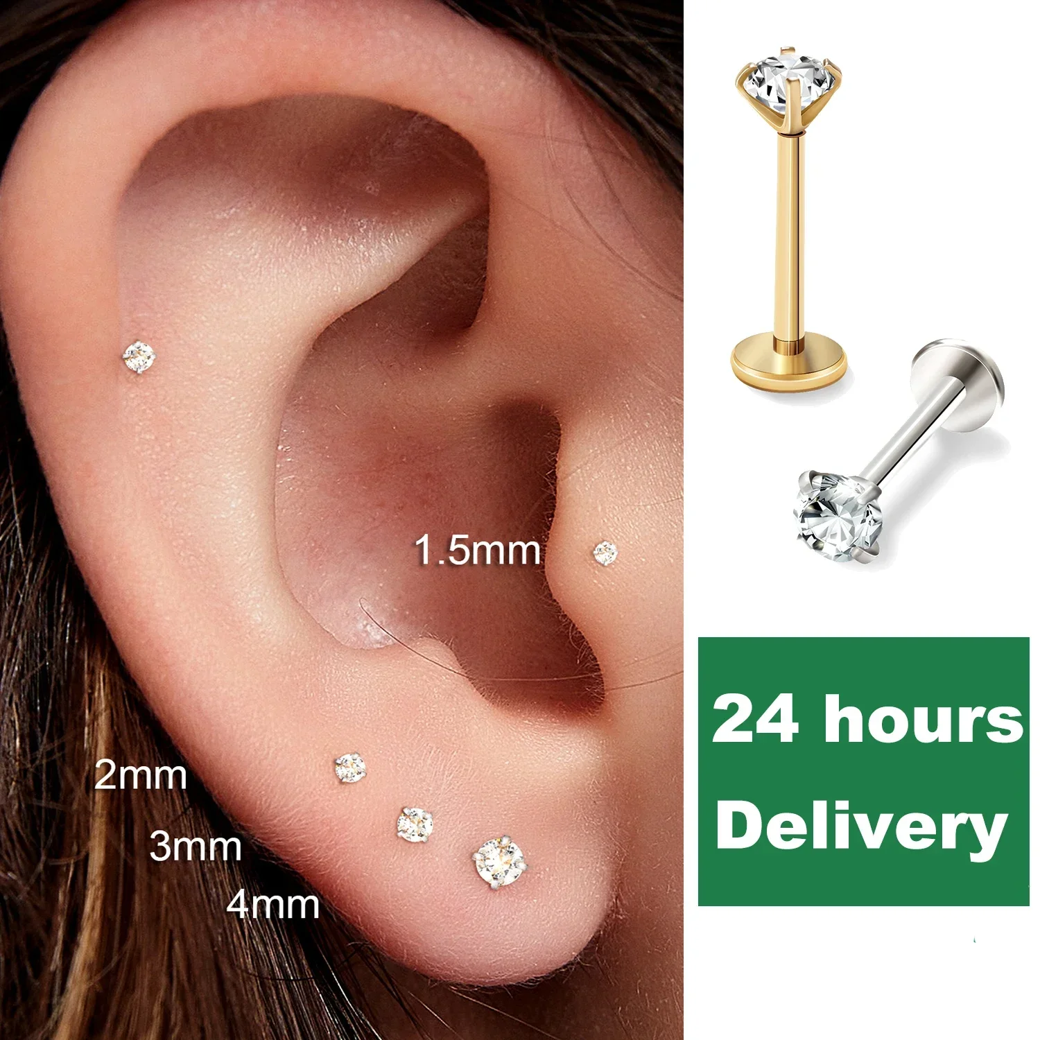1/4Pairs 316L Stainless Steel Eearring Stud Cartilage Piercing Jewelry Helix Tragus Lip Flat Back Tiny Earrings for Women 18G 2