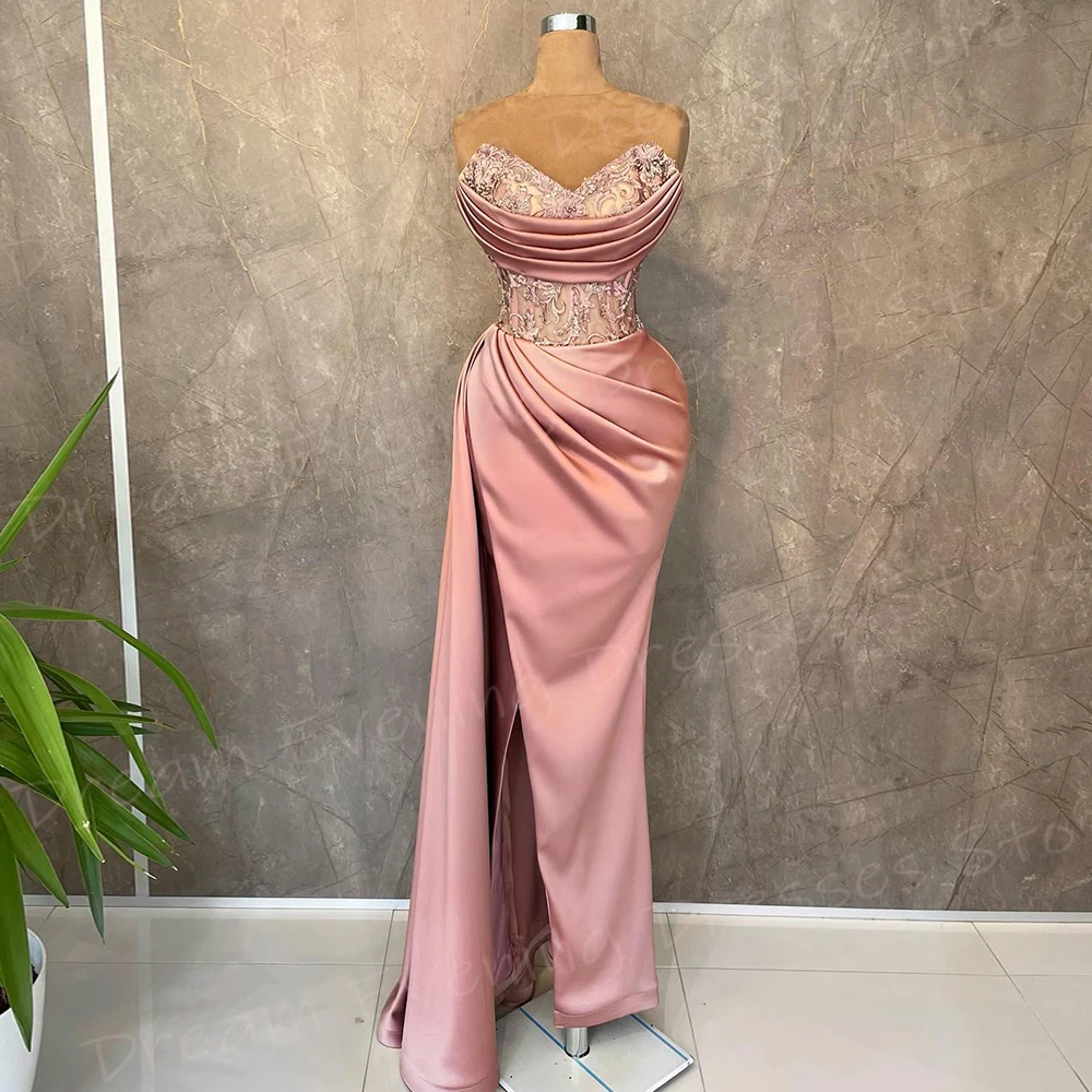 

Beautiful Pink Women's Mermaid Elegant Evening Dresses Sexy Strapless Prom Gowns Split Appliques Pleated Robe De Soiree Femmes