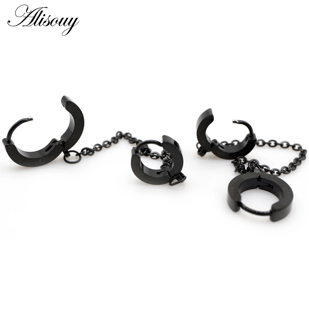 Alisouy 2PC Steel Black Color Men Ear Chain Double Pierced Eardrop