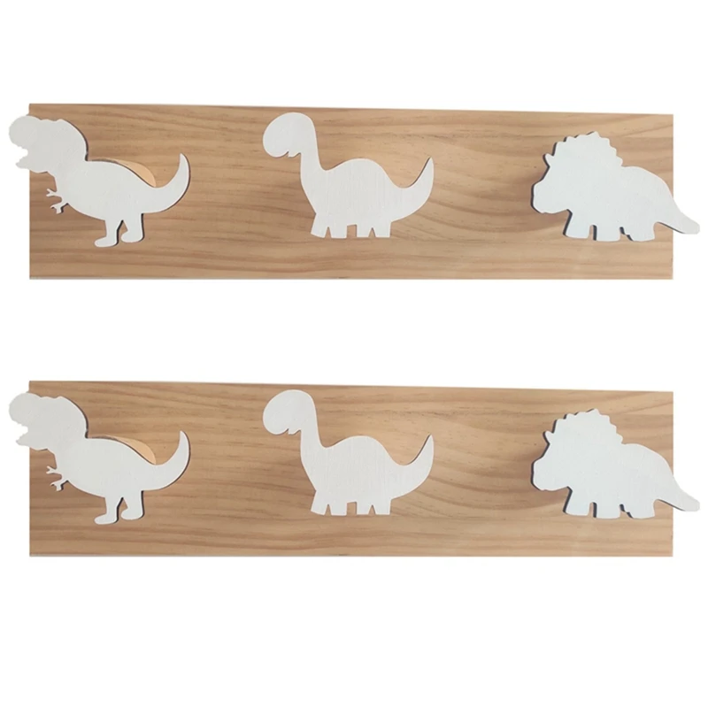 

LBER 2X Kids Dinosaur Wall Mounted Coat Hooks Wooden Door Hanger For Boys Bedroom Nursery Playroom Decorations -White