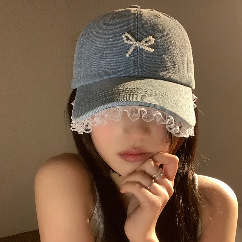 

Korean Version of Niche Lace Denim Baseball Cap Female Sweet and Cute Fashion Three-dimensional Pearl Bow Trendy Sports Hat