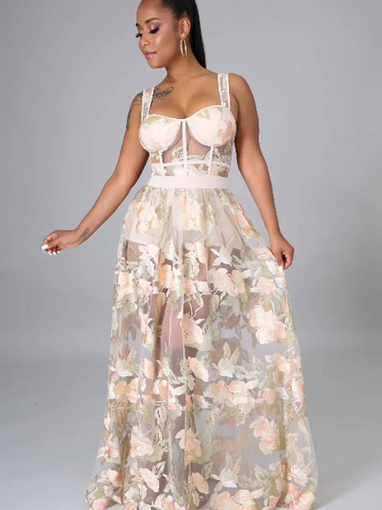 Women Floral Elegant Dress Plus Size Mesh Transparent A-Line Party Wedding Guest Cocktail Sweet Casual Camis Corset Long Dress