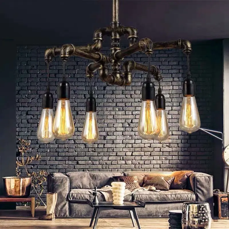 

Creative Retro Loft 6 Heads Iron Pipe Pendant Lamps Restaurant Living Room Dining Room Foyer Cafe Vintage Industrial Chandelier