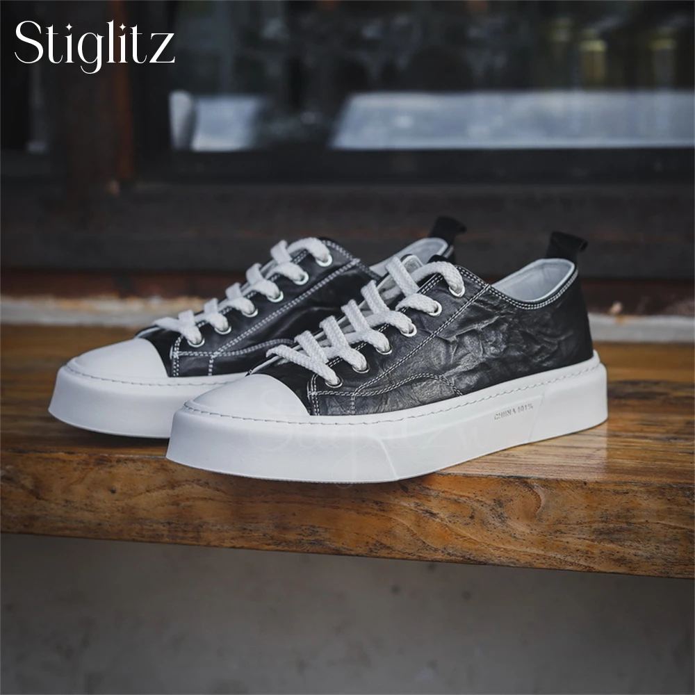 Genuine Leather Men's Sneakers Lace-Up Round Toe Comfortable Casual Shoes Height Increase Multi-Color Breathable Daily Footwear