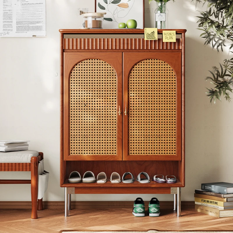 

French-Style Solid Wood Shoe Cabinet Home Entry Wall Door Shoe Cabinet Mid-Ancient Rattan Storage Cabinet