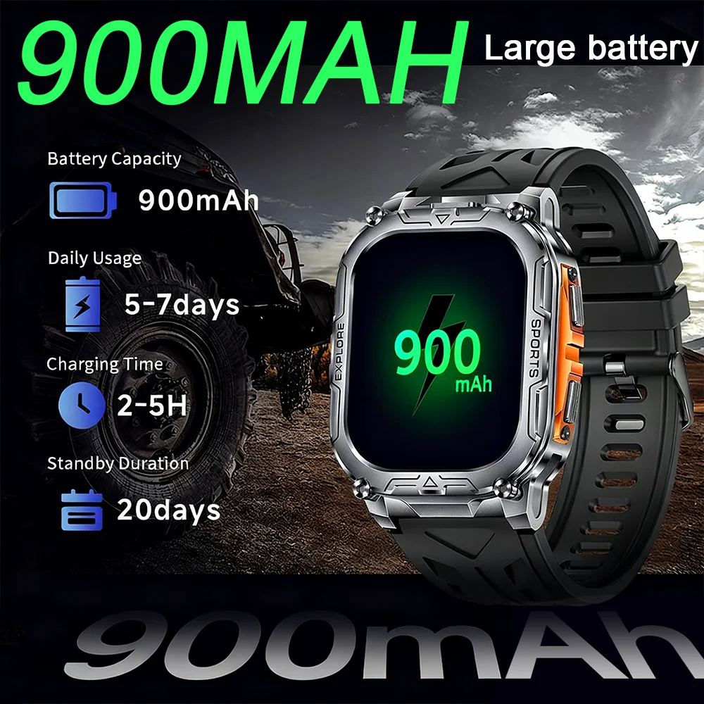 2026 새로운 1000mAh 군용 야외 스마트 시계 남성용 LED 손전등 IP68 방수 스포츠 2.01인치 블루투스 통화 스마트워치