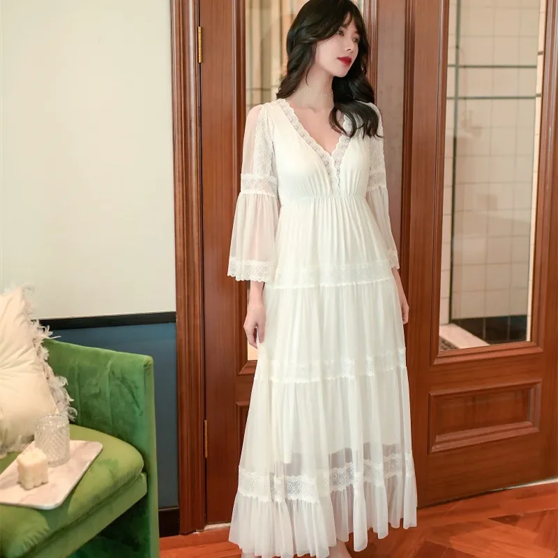 

Spring Autumn Modal Women's Nightgowns Vintage Princess Gauze Long Sleepwear Girls Tiered Night Dress Home Wear