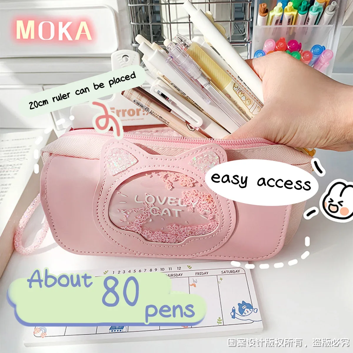 Kawaii Pencil Case for Girls Washable Cat Quicksand Pen Bag Multicolor Optional Cute Macaron Pen Pouch Back to School Stationery