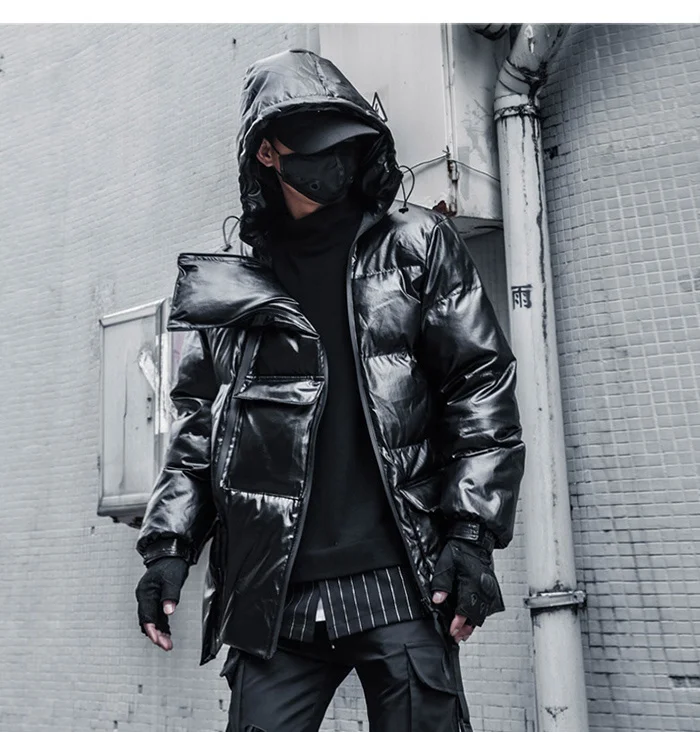 Hooded Techwear Double Zippers Solid Glossy Parkas Jacket Streetwear Thick Winter Jackets Coats Samurai Outwear parka jacket with fur hood