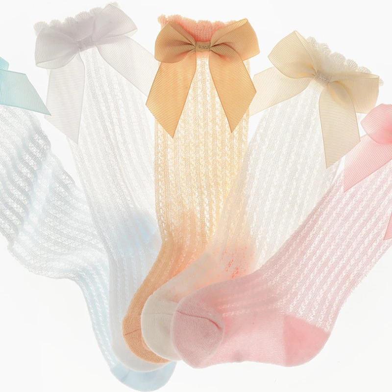 0-2 anni calzini per bambina con fiocco calzini estivi per bambini in maglia di cotone per neonati calzini lunghi antiscivolo per neonato principessa 6
