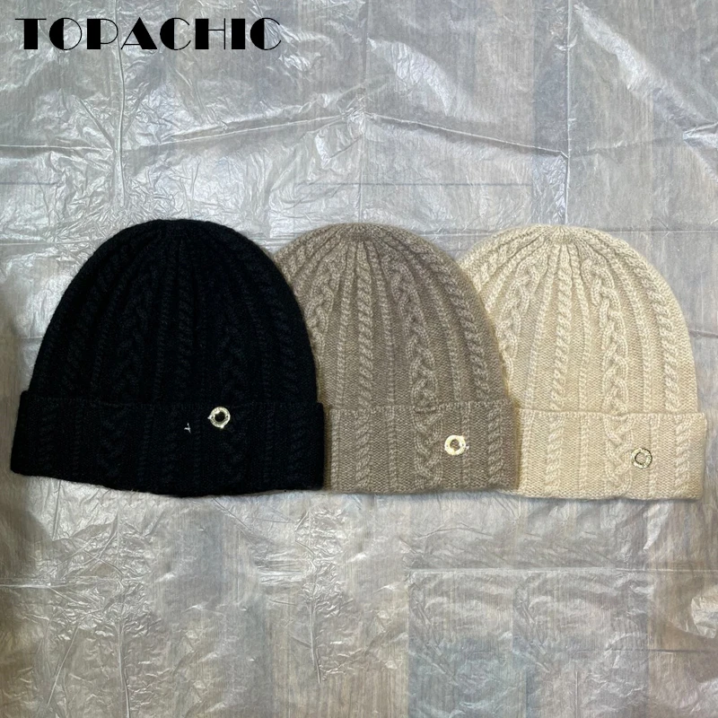 

11.10 TOPACHIC Women's 100% Cashmere Twist Knitted Hats & Caps Autumn Winter Fashion Keep Warm Thick Beanies Skullies