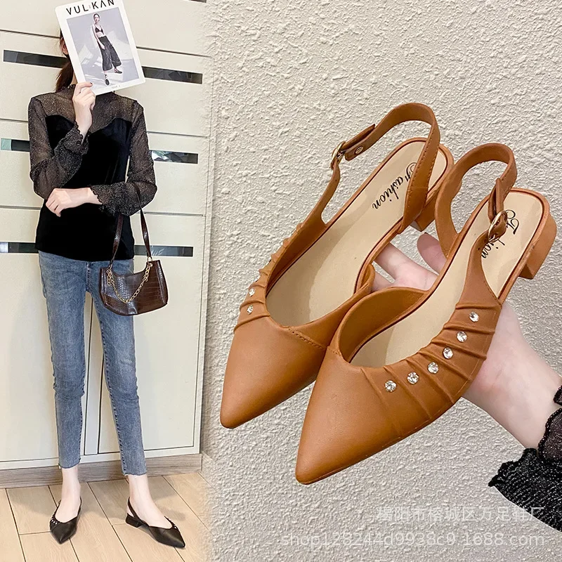 2021 New Vintage French Style Women's Sandals Pointed Toe Fine Heel Lazy Person Shoes Slippers Summer Flats Shoes For Women 2