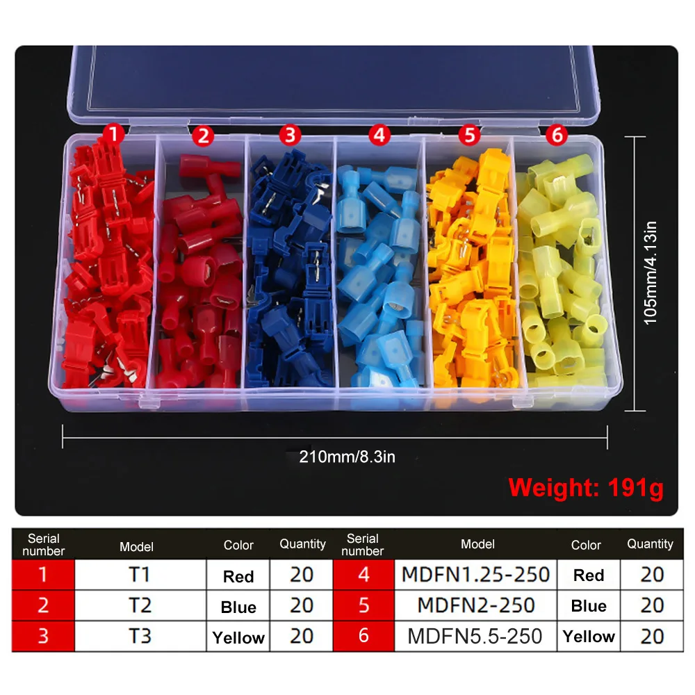 120PCS Boxed T-type Crimp Terminal Wire Connection Clip Quick Peel-Free Insulated Electrical Connector Plug-in Wire Terminal