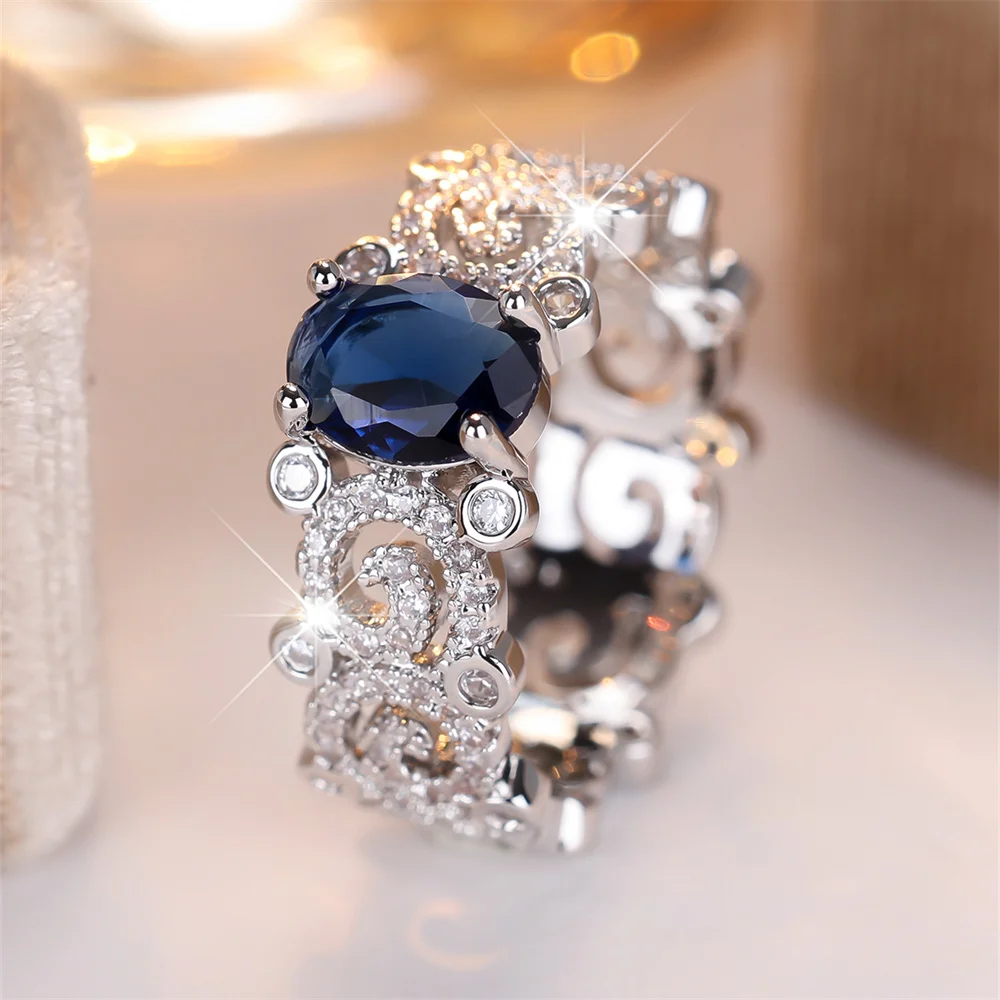 Blue Crystal Oval Stone White Zircon Rings For Women Vintage Silver Color Engagement Bands Wedding Jewelry Bridal Versatile Gift