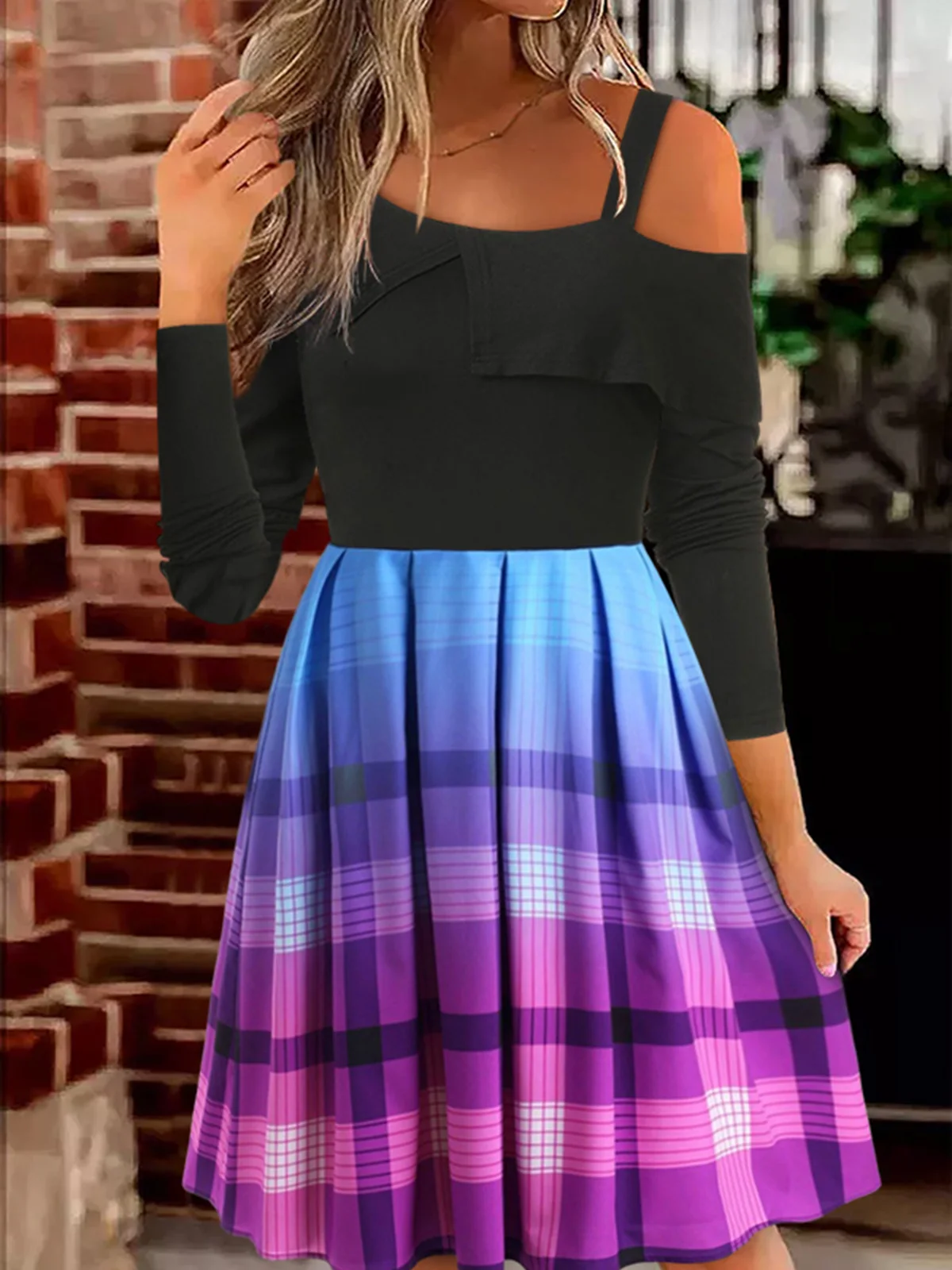 

Gradient Plaid One Sided Cold Shoulder Mini Dress 2023 Autumn Elegant Vacation Ladies Oversized Loose Large Swing Long Skirt