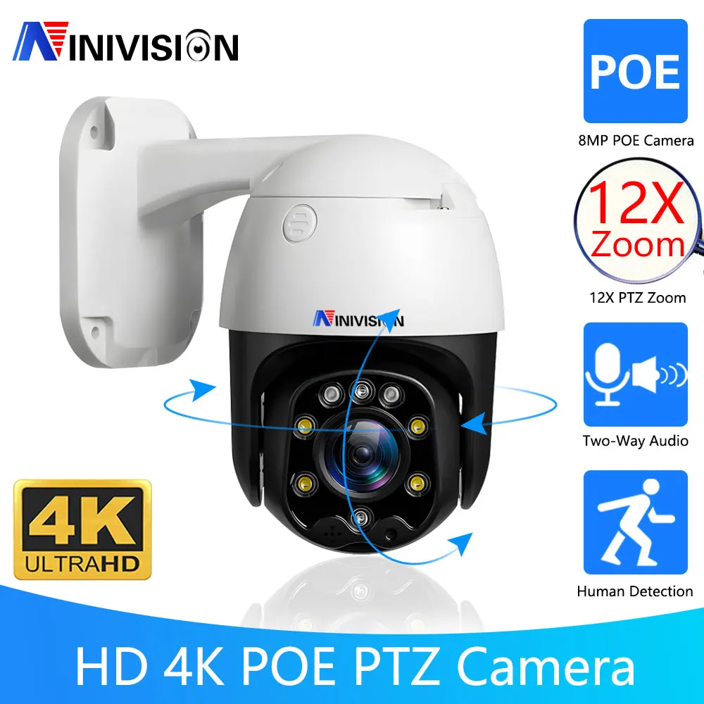 

8MP 4K Wide Angle IP67 PTZ Dome IP Camera POE 12X Zoom Human Detection Night Vision IR 90m Audio CCTV Security Camera Home 5MP