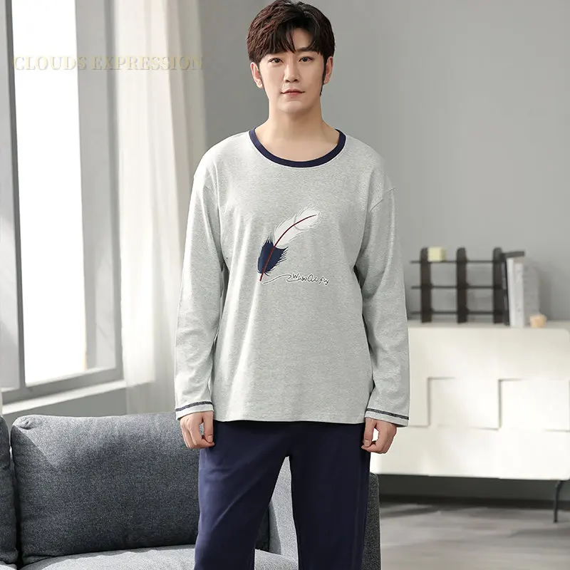 Man Pajamas Set Autumn Cotton Letter Striped Cartoon Casual Lounge Plus Size 3XL