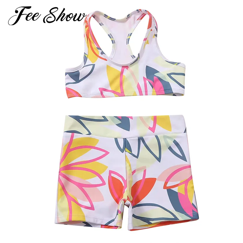 

Summer Floral Swimsuit Kids Girls Sleeveless Racer Back Floral Print Swim Tank Top Shorts Set Bikini Beach Bathing Swimming Suit