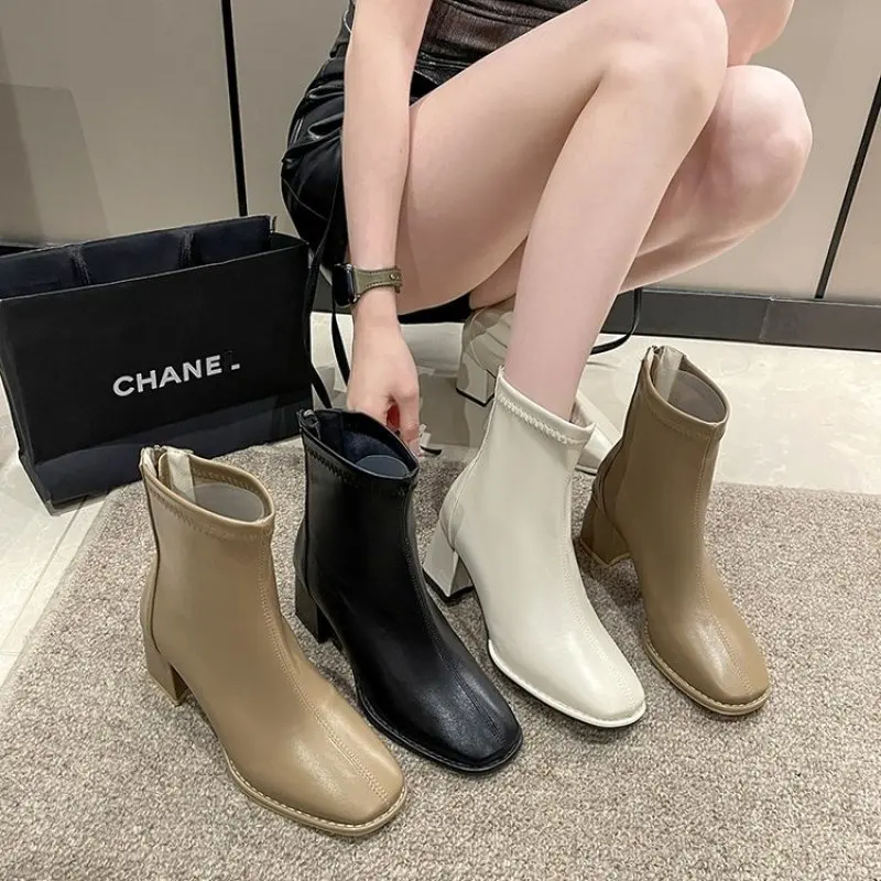 2023 Ankle Boots for Women Square Toe Fashion Shoes Autumn Winter Short Boots Zipper Square Heels Comfortable Lady Casual Shoes