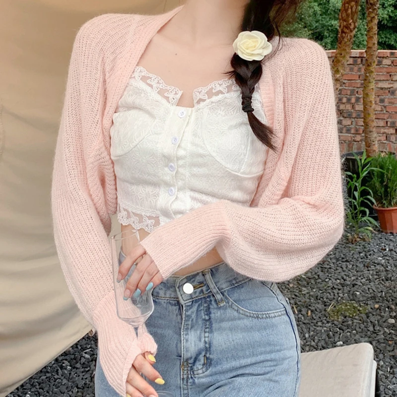 y2k Shrug 2000s Women Clothes Solid Color Long Sleeve Cropped Knitted Tops Sun Protection Cardigan Coquette Clothing 5 y2k Shrug 2000s Women Clothes Solid Color Long Sleeve Cropped Knitted Tops Sun Protection Cardigan Coquette Clothing