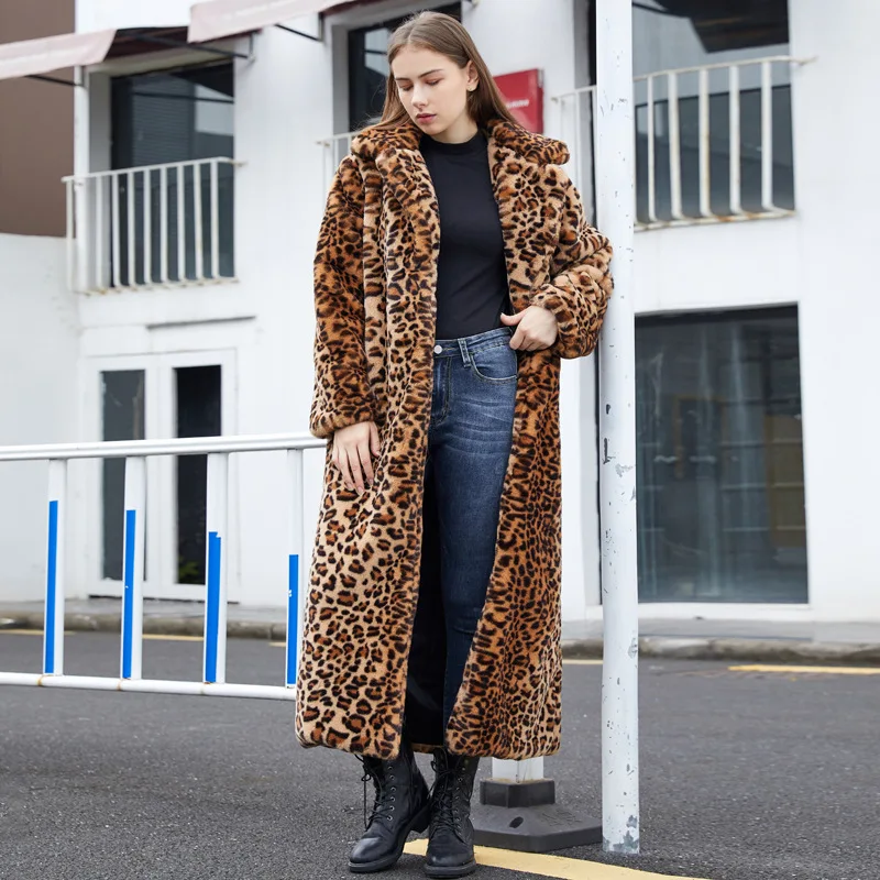 Foreign Trade Source: European and American Fur Imitation Fur Leopard Pattern Rabbit Hair Super Long Suit Collar Fur Coat
