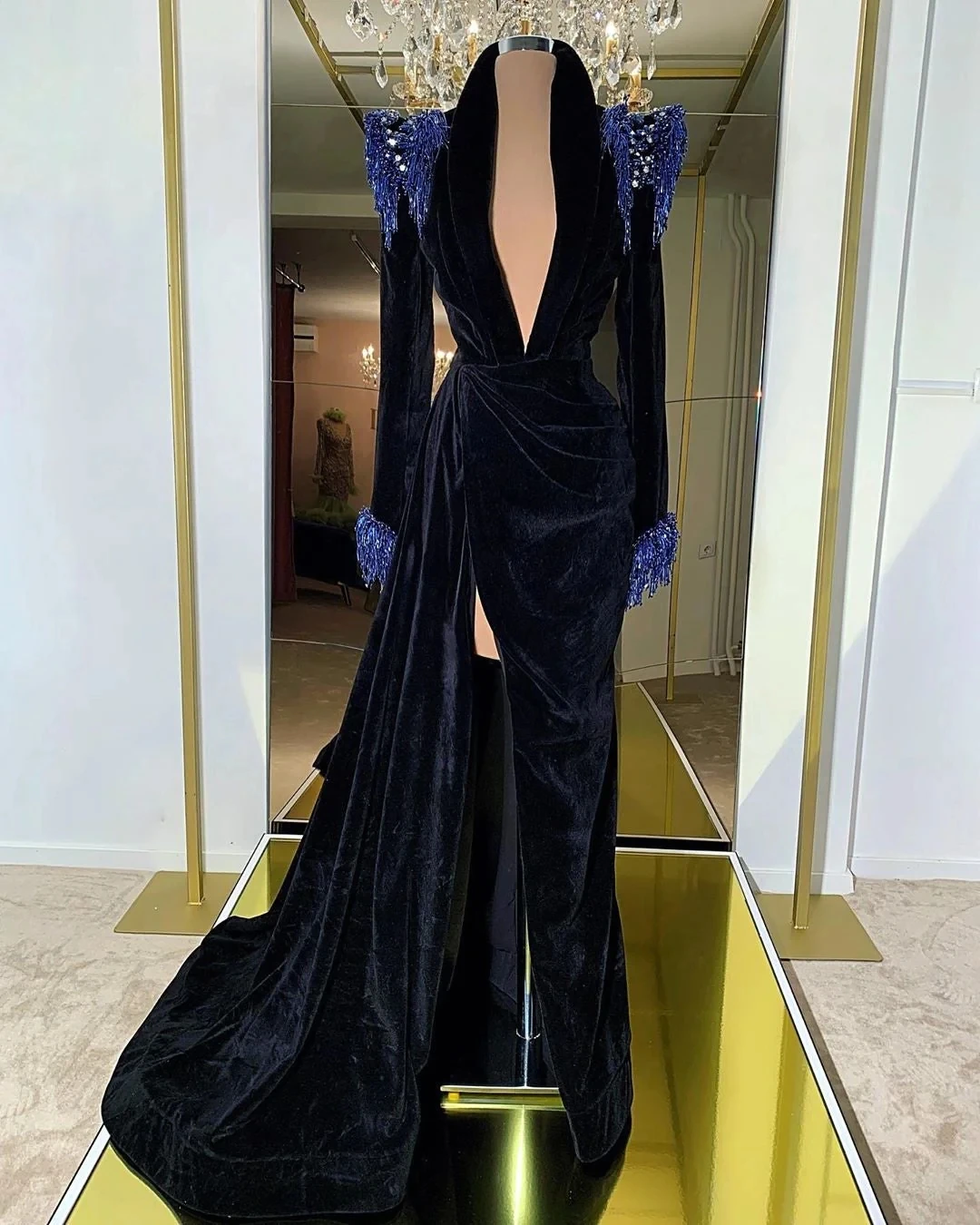 

Black Haute Couture Prom Dresses A-line Long Sleeves Velvet Beaded Saudi Arabia Dubai Robe De Soiree Evening Dress Gown
