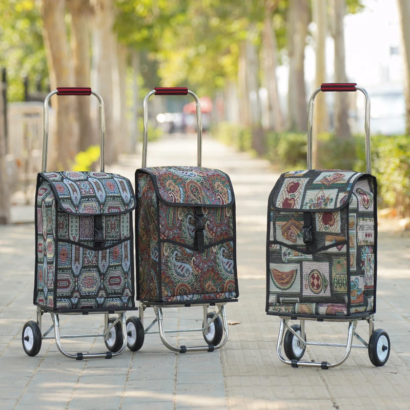 Shopping cart folding supermarket vegetable market shopping cart Oxford stainless steel frame pull rod truck