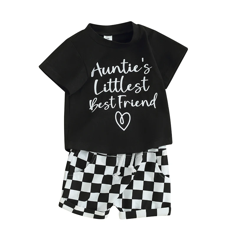 

Toddler Boys Summer Outfits Letter Print Short Sleeve T-Shirts Tops and Checkerboard Elastic Waist Shorts 2Pcs Clothes Set