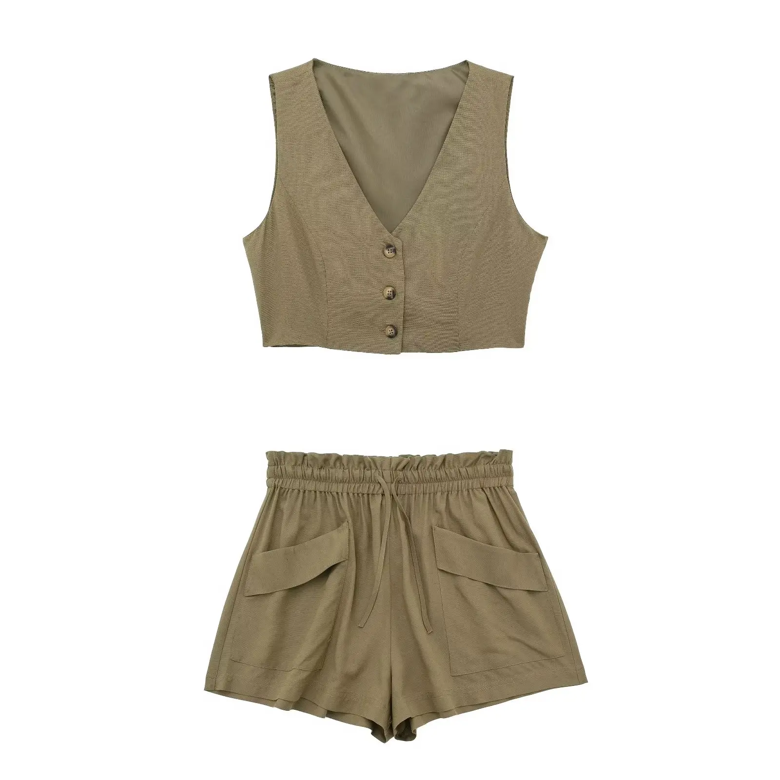 

Woman Vintage Army green Crop Blazer Tank Suit 2023 Spring Solid Elastic High Waisted Shorts Suits Female Straight Tanks Sets
