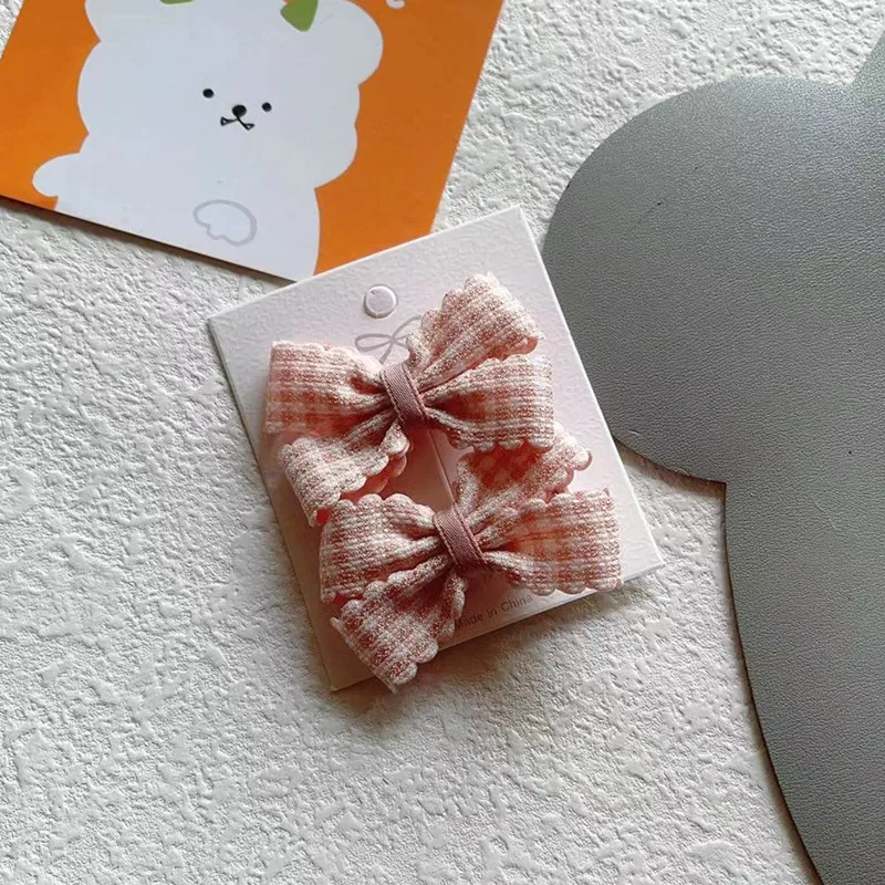 Korean 2Pcs Cute Children and Girls Hairpin Pink Polka Dot Plaid Small Bow Pair Bangs Edge Clip