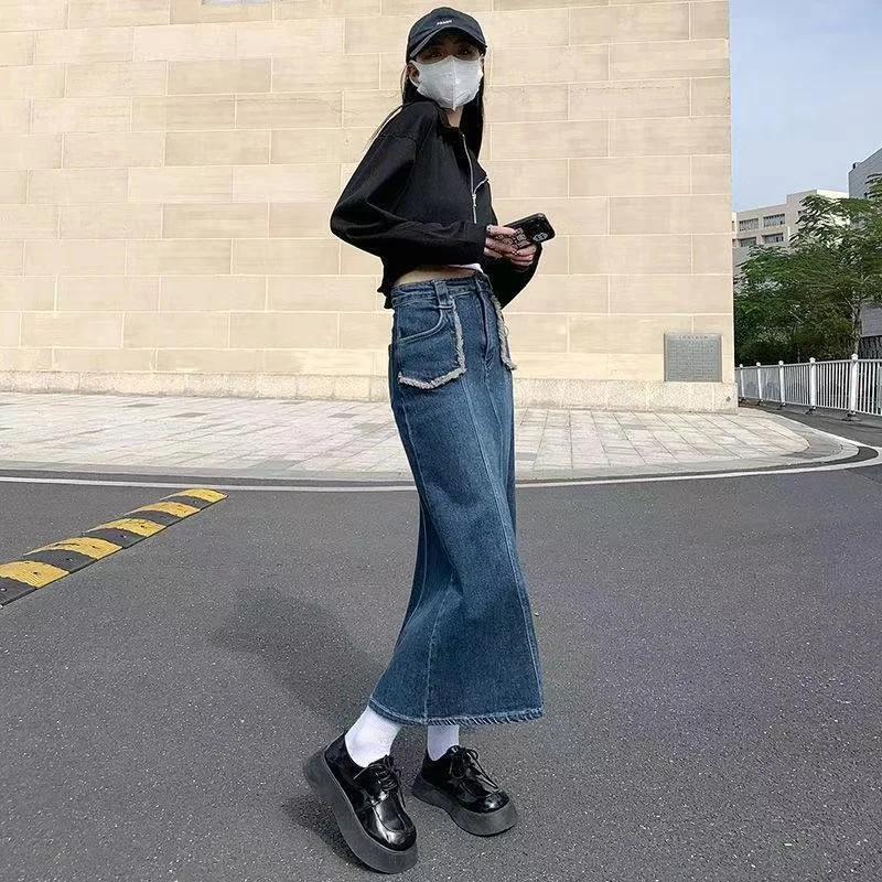 Luck A 2022 Fashion Retro Long Summer Spring Denim Skirts Girls High Waist Button Pockets Split Jeans Straight Maxi Denim Skirts nike skirt