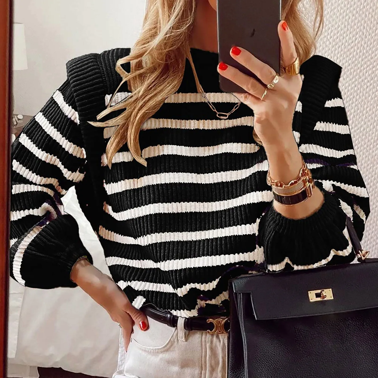 

Womens Sweater Casual Long Balloon Sleeves Round Neck Rib Knit Pullover Striped Sweater Top Shirt Collar For Under Sweatshirt