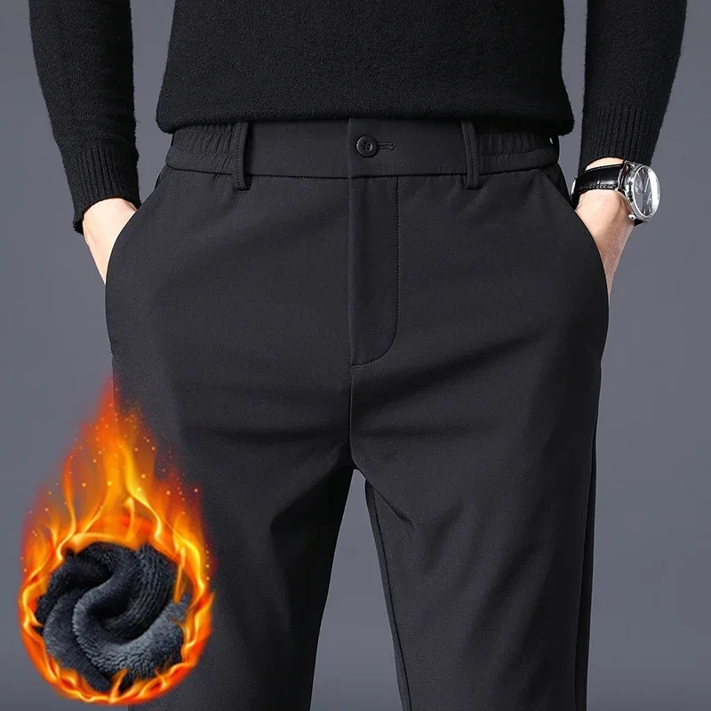 Men's Business Casual Pants Stretch Slim Thermal Trousers
