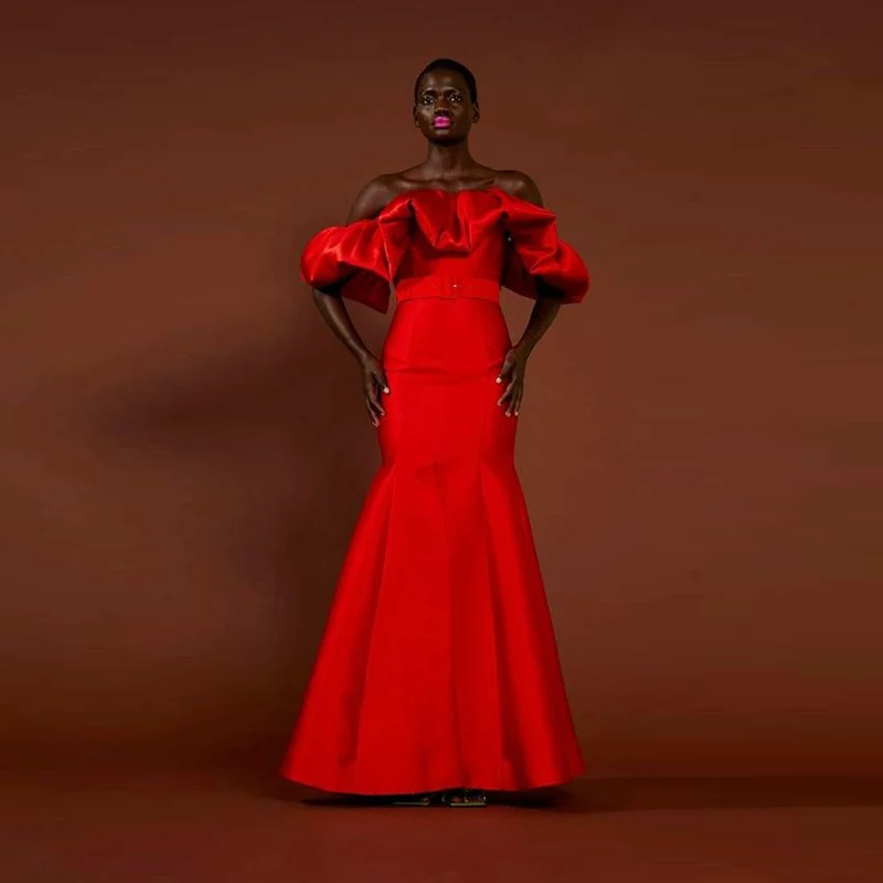 

Red Satin Off The Shoulder Mermaid Eveing Gowns Saudi Arabia Floor Length Prom Dresses Robe De Soiree Party Dress