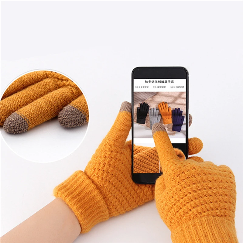 

Fashion Winter Touch Screen Gloves Women Men Warm Stretch Knit Mittens Imitation Wool Full Finger Guantes Female Crochet Thicken