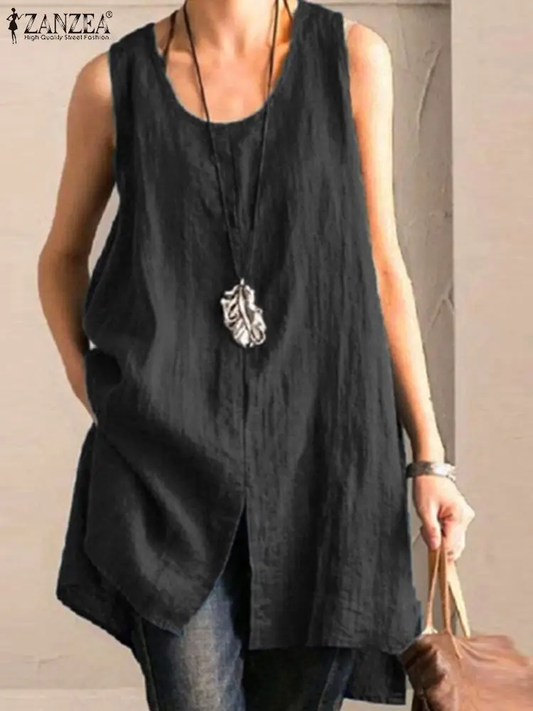 Vintage Solid Tanks Tops Loose Beach Blusas Cotton Camis Tunic ZANZEA Women Sleeveless Blouse Summer Split Shirt Casual Chemise 2