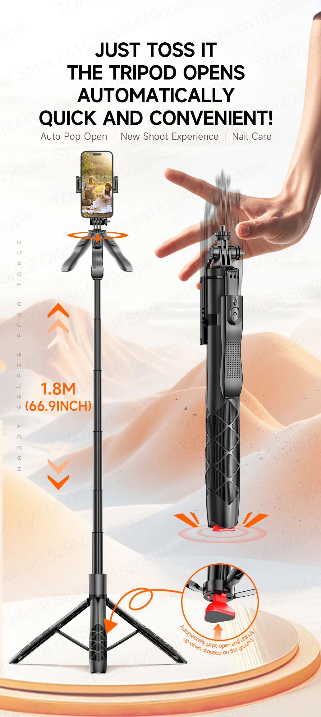 Tokqi L16-tt Selfie Stick Tripod With 360 Degree Rotation And Fill Light_voghion.com