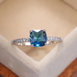 Elegant S925 Silver Ring with High Carbon Zircon and Sapphire Square Design - 8 (Peacock blue)
