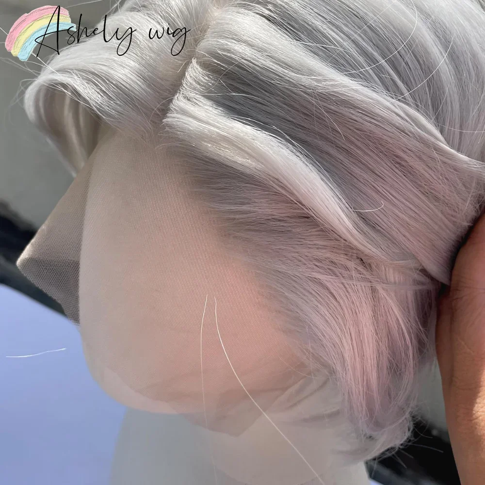 Sliver Wigs Gray Synthetic Lace Front Wig 13x4 6inch Short Straight Lace Front Wig for Daily Use High-temperature Fiber Cosplay