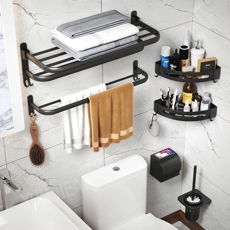 ราวแขวนผ้าเช็ดตัวแบบไม่ต้องเจาะผนัง พร้อมตะขอ ที่แขวนผ้าเช็ดตัวติดผนัง ที่ใส่กระดาษทิชชู่ ที่วางแปรงสีฟัน สำหรับอุปกรณ์ตกแต่งบ้าน 1