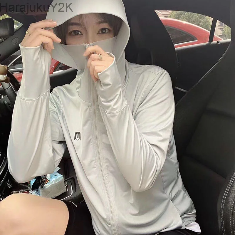 

Women Sun-Protective Outdoor Sports Coats Sunscreen Hat Ice Silk Sun Protection Clothing Anti UV Windbreaker With Pockets