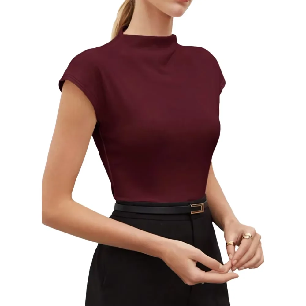 High Neck Cap Sleeve Knit Top Women’s Fitted Minimalist Spring Summer Blouse