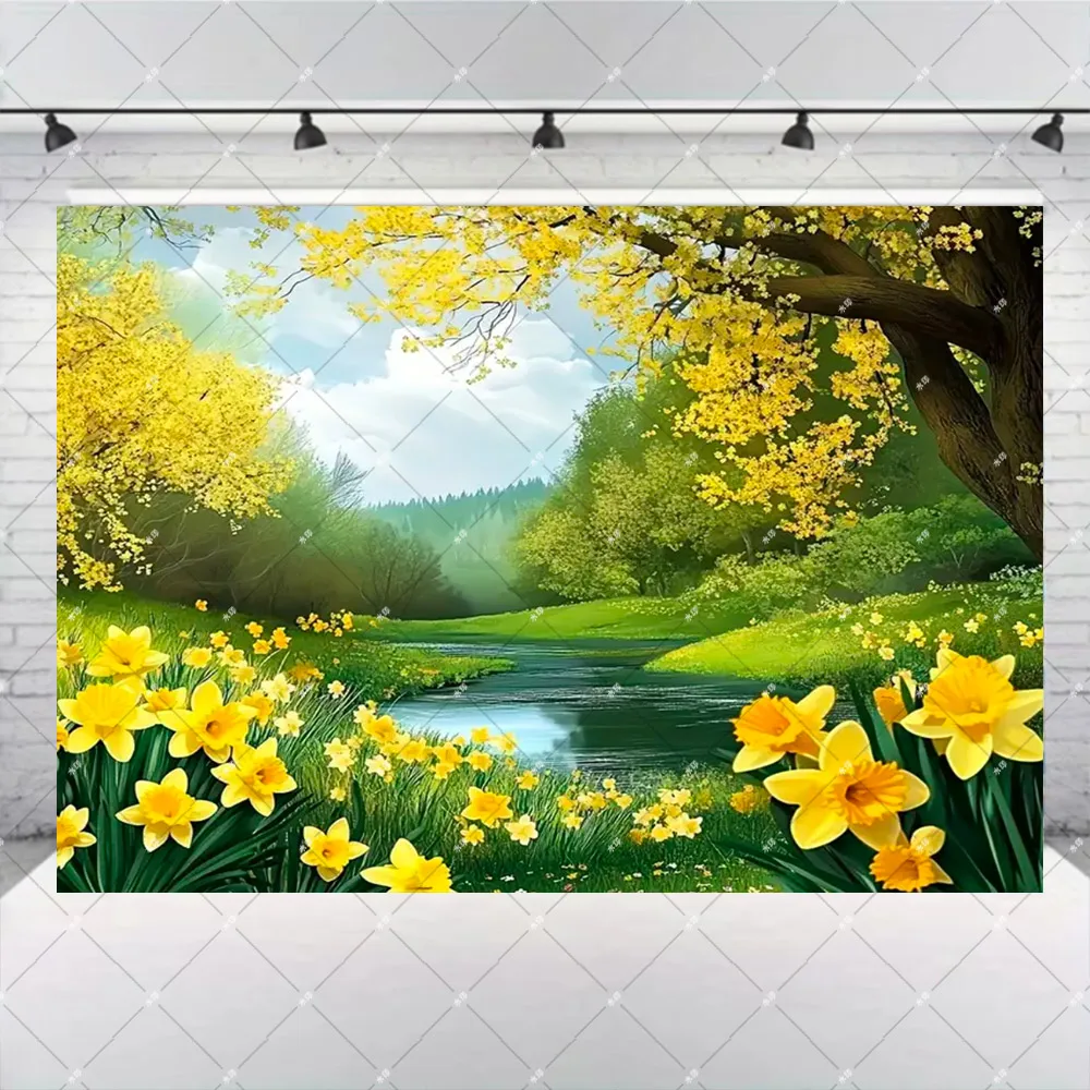 Spring Natural Flowers Theme Garden Backdrop with Cherry Blossoms and Grass