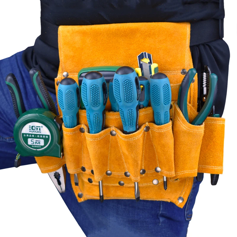Large Capacity Toolkit Waist Tool Bag Leather Cowhide Electrician