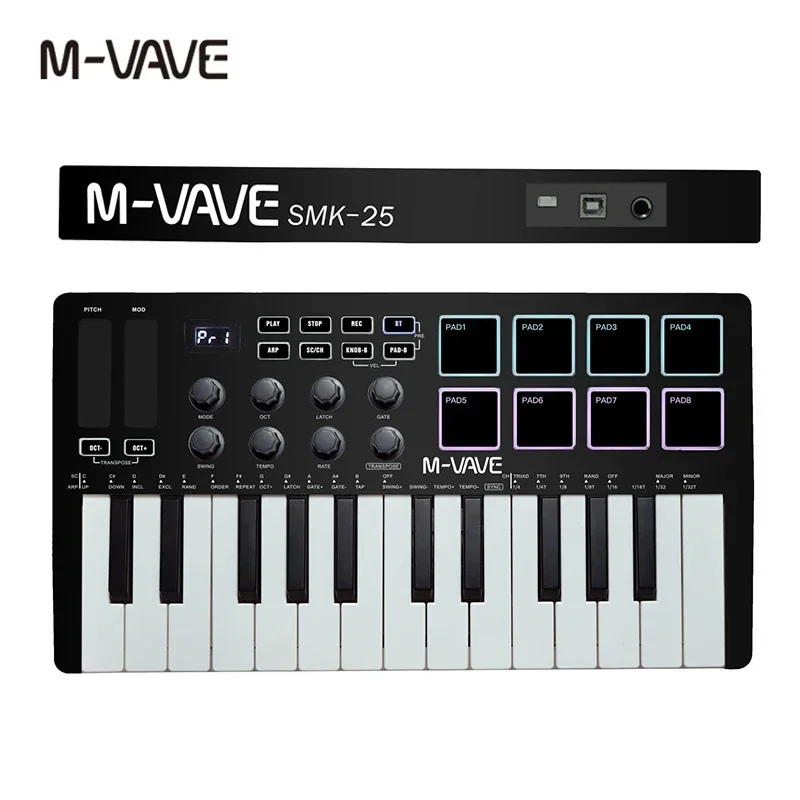 25-Key MIDI Controller Keyboard Mini Portable USB Keyboard Piano MIDI Controller 8 RGB Backlit Pads 8 Knobs M-VAVE