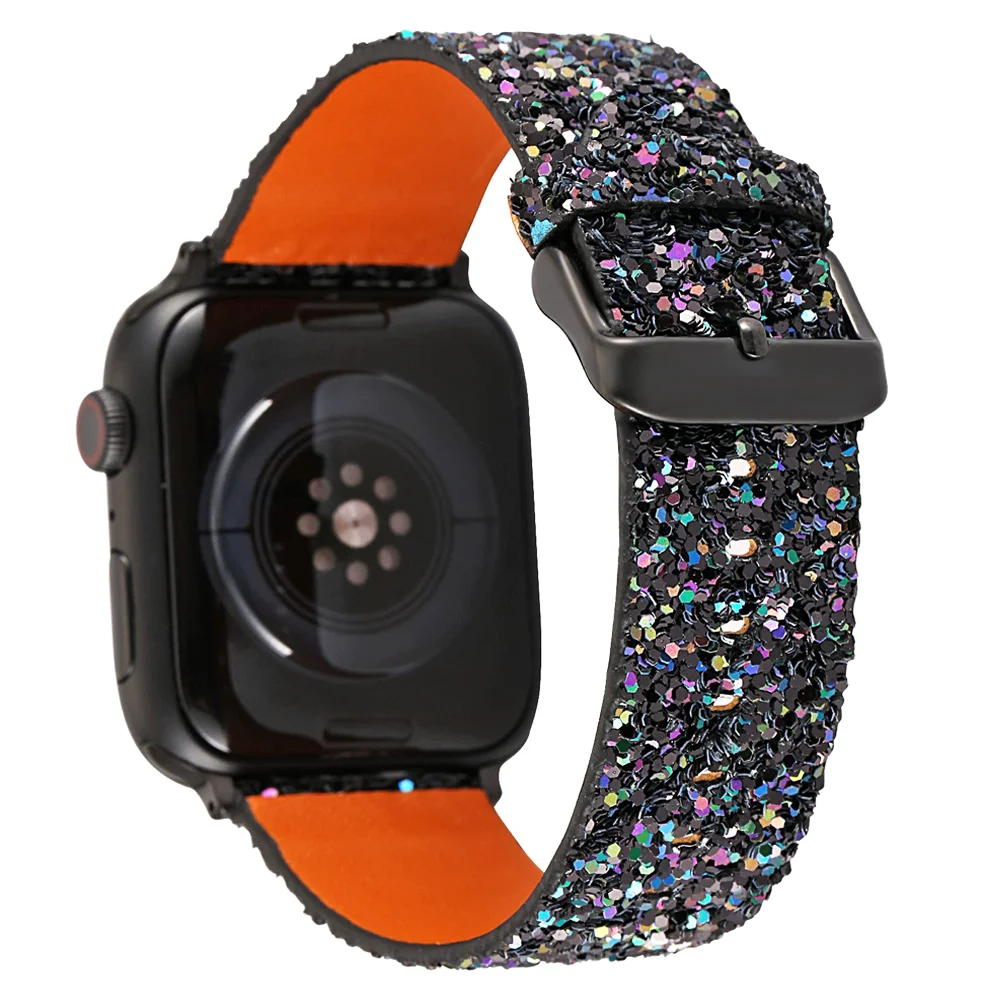 

Ремешок Блестящий для Apple Watch band 44 мм 38 мм 40 мм 42 мм 41 мм 45 мм, кожаный браслет с блестками для IWatch Series 8 7 6 5 4 3 SE Ultra 49 мм
